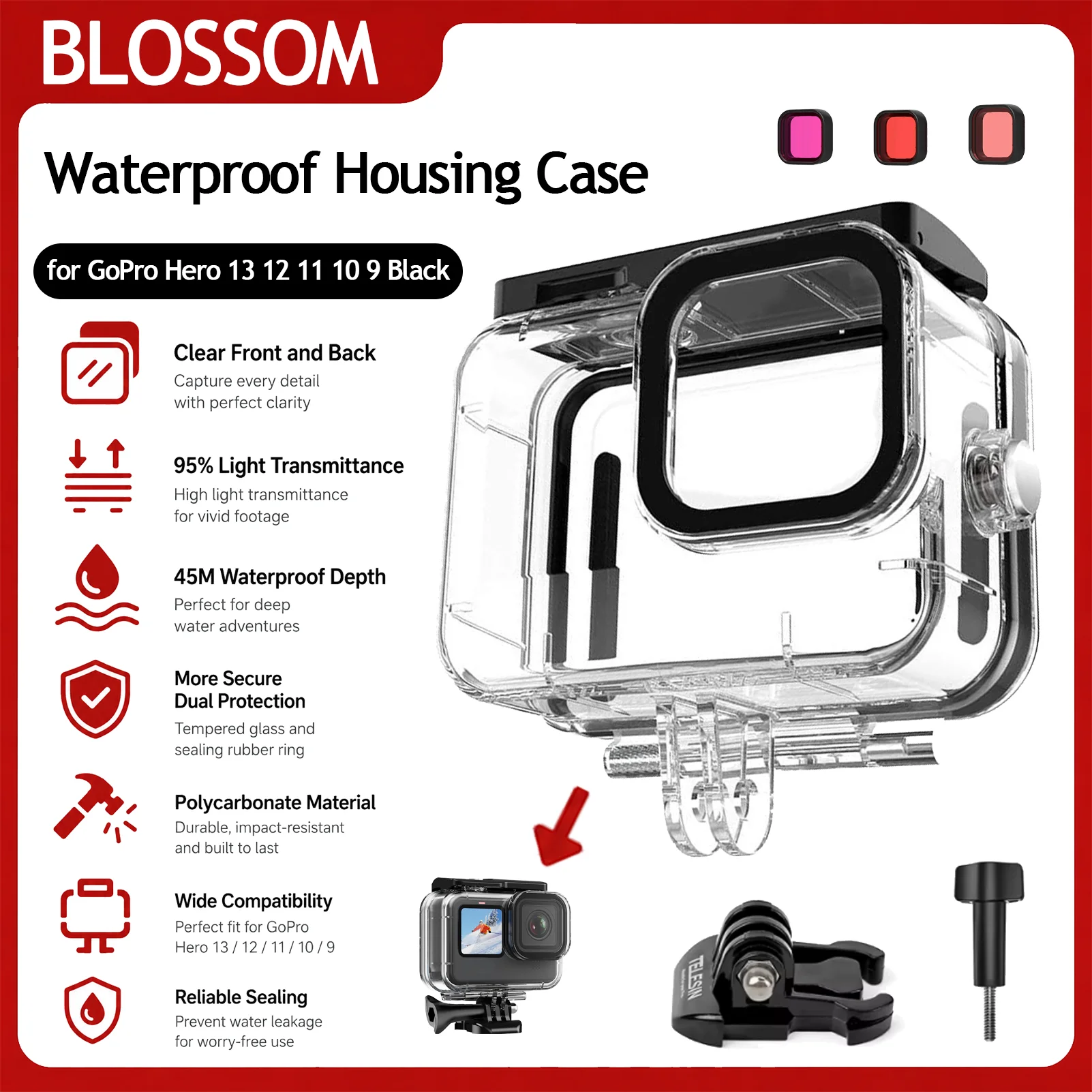 Blossom 45M Wasserdichtes Gehäuse für GoPro Hero 13 12 11 10 9 Black, Doppelschutz Gehärtetes Glas Dichtungsgummiring Polycarbonat 95% Lichtdurchlässigkeit Klar Vor‑ und Rückseite Tauchen für