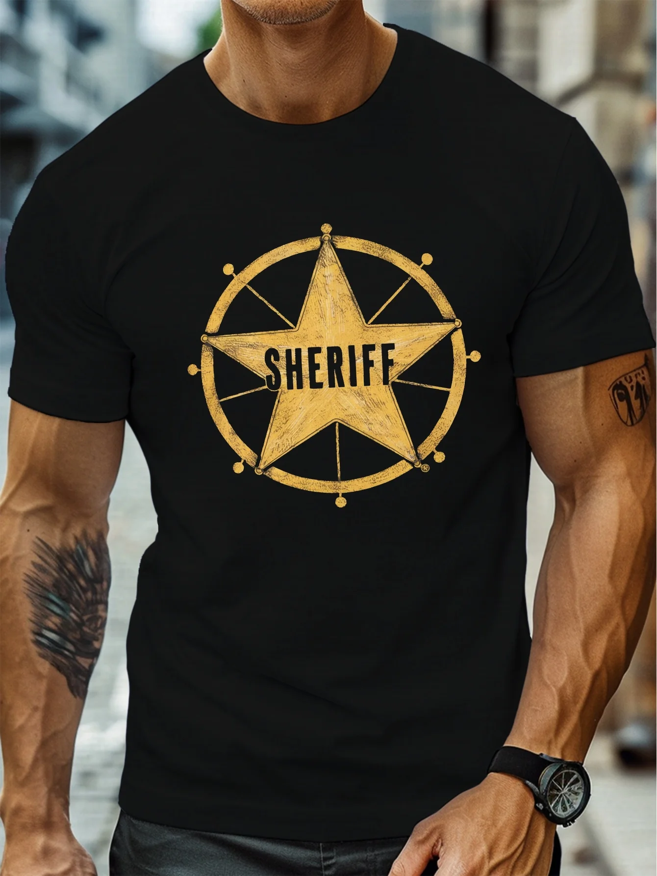 Summer Men's Casual Round Neck Short-Sleeved T-Shirt, Plus Size, Sheriff S Star Badge Style