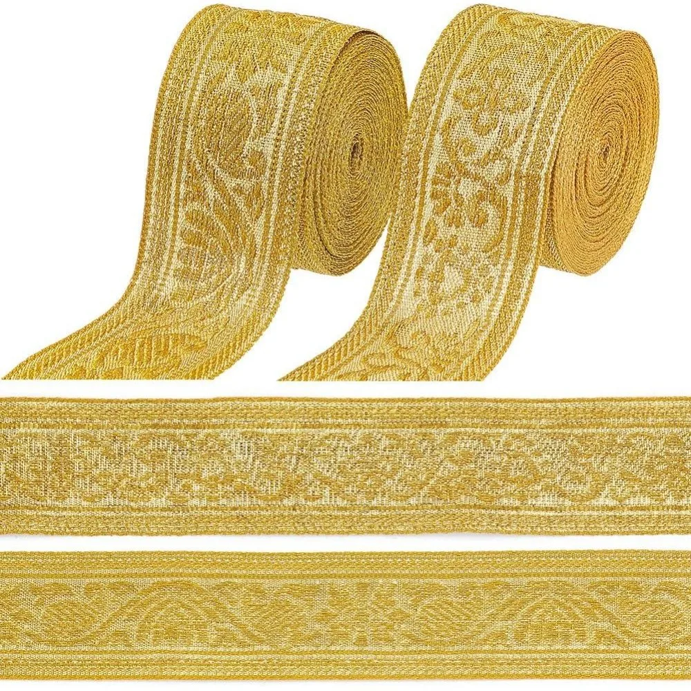 4 Bündel 2 Stile Goldbesticktes Band Vintage Gewebtes Jacquard-Bordürenband Polyester Metallische Stickerei Stoffbesatz