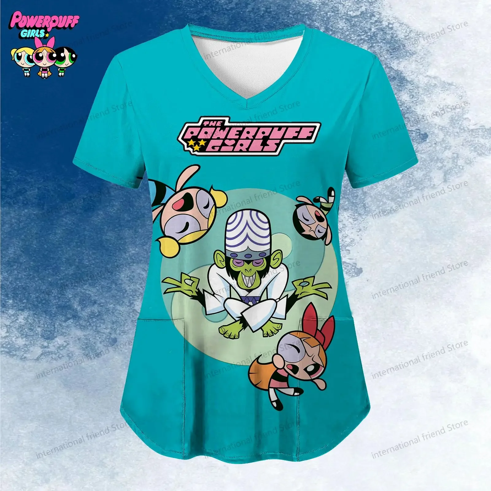 

Women's V Neck Nurse Uniform T-Shirt The Powerpuff Girls Pocket S-2XL Y2k Summer Kawaii New Dress 2024 Woman Clothing Cheap Top