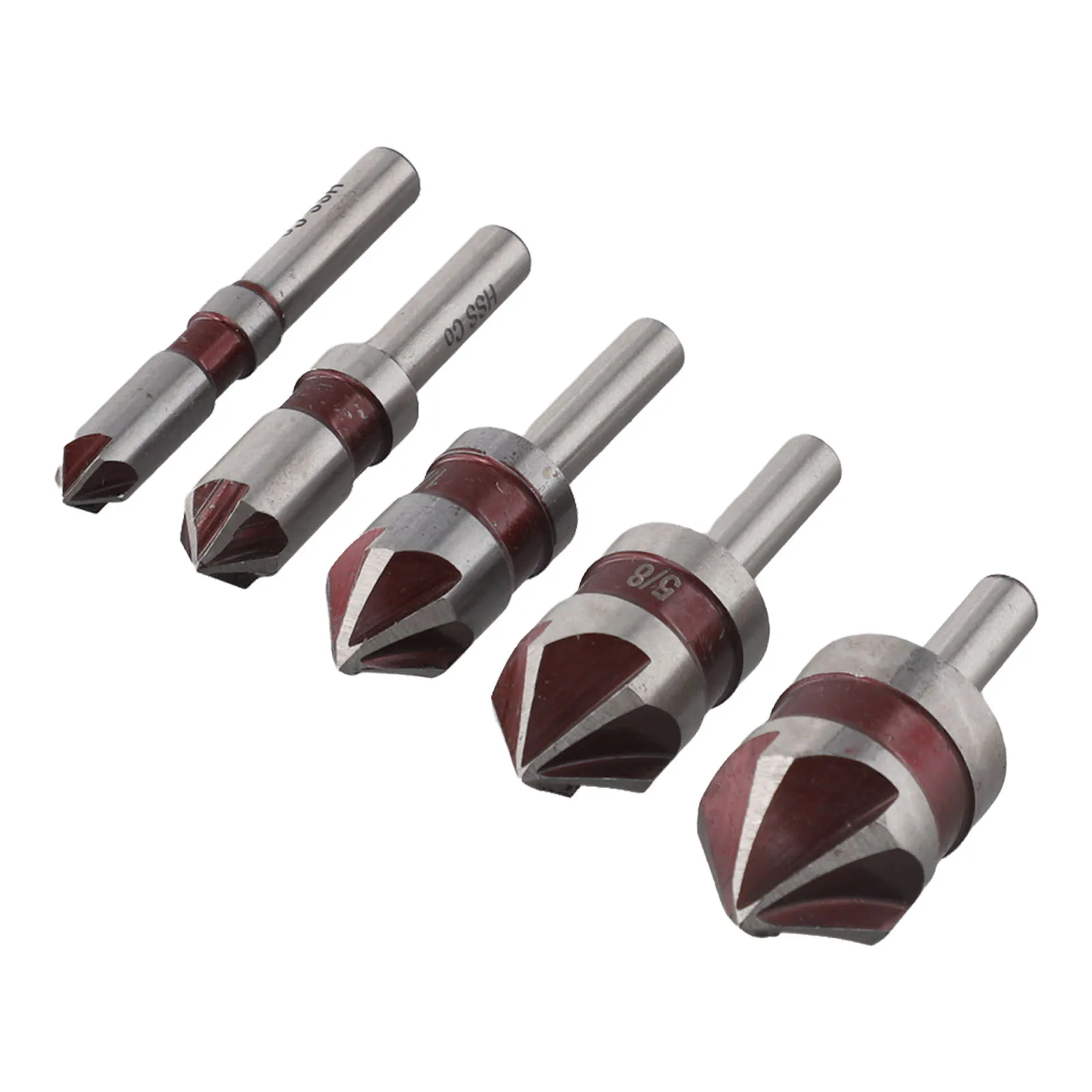 

High Performance 5 Flute Countersink Drill Bits Set 5Pcs for Woodworking with HSS CO 5% Material Sizes 1/4 3/8 1/2 3/4 5/8
