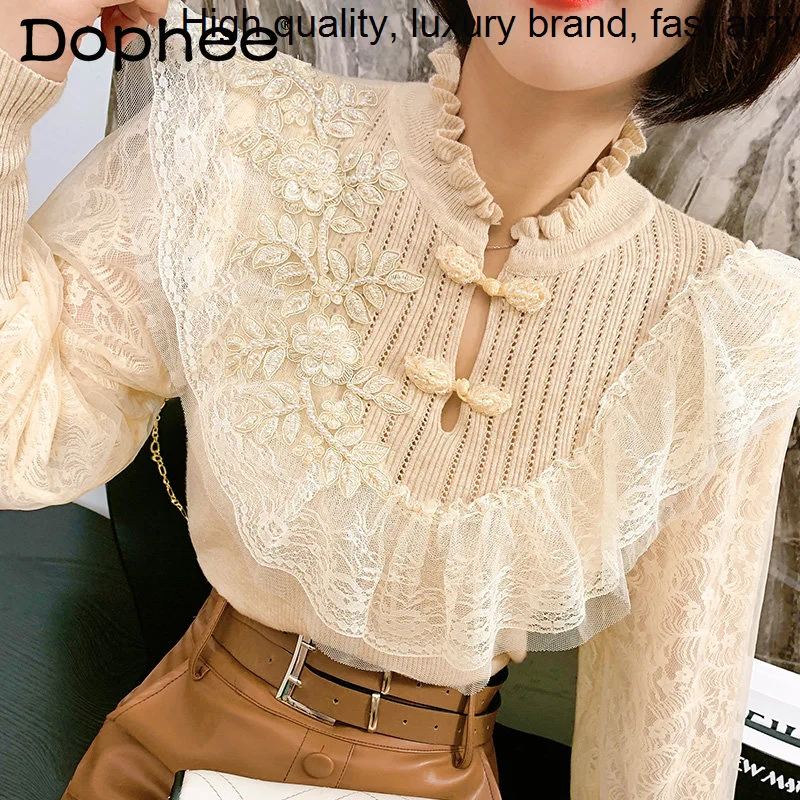 Embroidered Elegant Lace Knitwear Shirt Women 2023 Autumn and Winter Bottoming Sweater Top Stand-up Collar Long Sleeve T-shirt