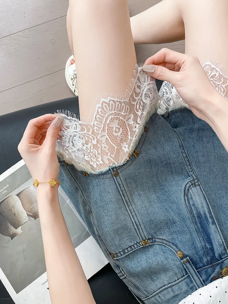 الكورية شيك الحلو الدانتيل تقليم رقيقة الجينز المرأة الصيف موضة عالية الخصر ألف خط شورت جينز الإناث ملابس الشارع الشهير بناطيل مثيرة