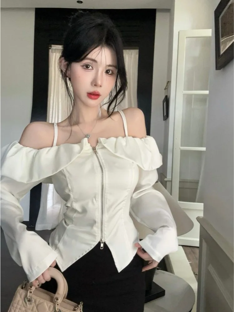 

Elegant One-Shoulder Ruffle Sleeve Shirt Women's Slim Fit Short Sleeve Double Zipper Unique Top Commute Style Autumn Season