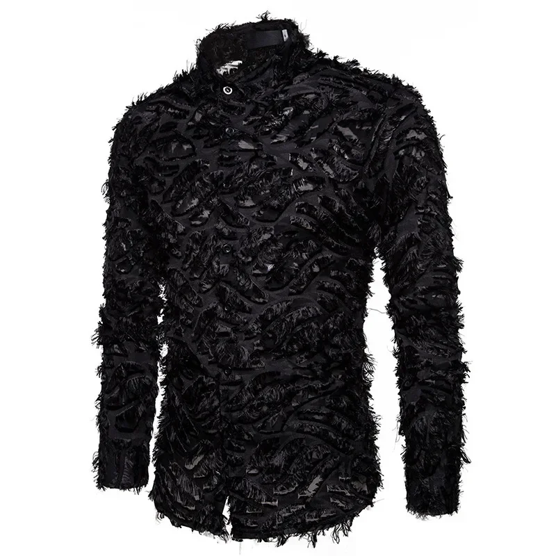 Black Feather Lace Shirt for Men 2025 New Fashion See Through Nightclub Dress Shirts Mens Event Party Prom Transparent Chemise