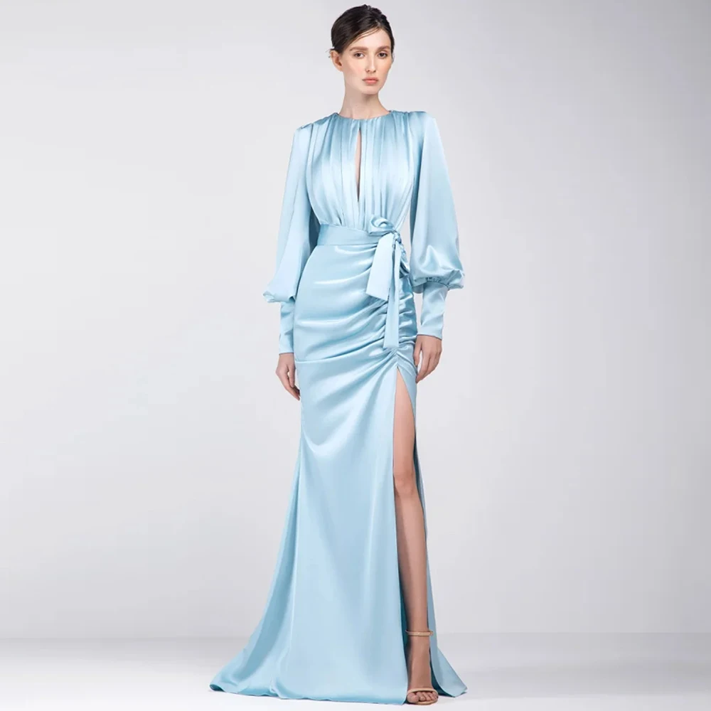 

Simple Blue Satin Evening Dress Classic Long Sleeves Party Dresses Fashion O-Neck Sweep Train Customized Special Occasion Gowns