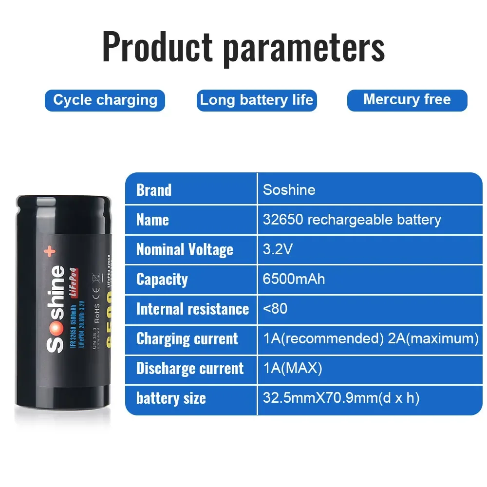 Soshine 3.2V 6500mAh Rechargeable Battery 32650 6500mAh LiFePO4 Batteries and 12V 2A LCD Ni-MH Li-ion LiFePO4 Universal Charger