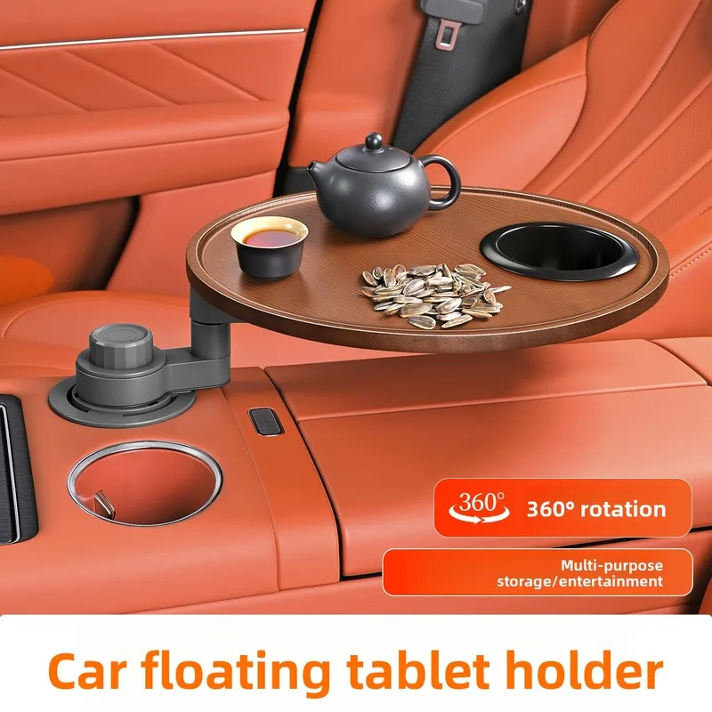 Car-mounted small table, floating round dining table for front and back seats, rotating tea with cup holder  driver  passenger
