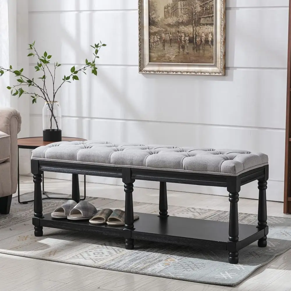 

Linen-Covered Storage Bench with Shelf, Grey, Suitable for Entryway, Bedroom, Living Room, and Dining Room