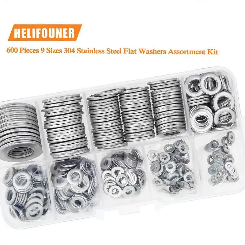 Washer Assortment 600PCS Stainless Steel Fender And Flat Washers For Screws 9 Sizes Gasket Fender Flat Washers Anti-Rust