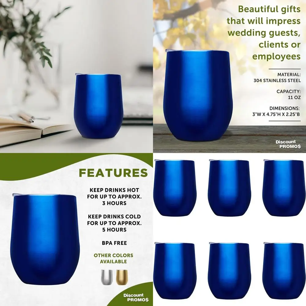 

Set of 6 Largo 11 oz Stemless Tumblers with Lids - Ideal for Wine, Cocktails, Hot & Cold Drinks - Blue