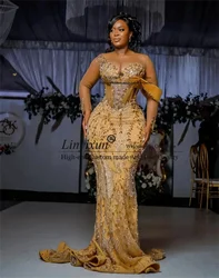 Aso Ebi Prom Dresses Customized Sequin Beading Mermaid Evening Gowns Luxury Gold Sequins Wedding Reception Party Second Dress