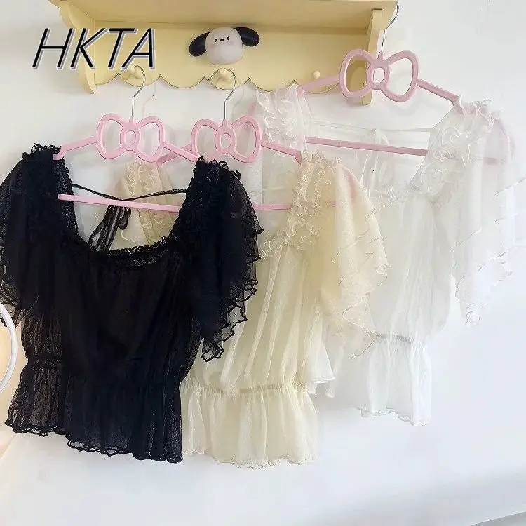 

Lolita Short Sleeves One Letter Collar Hollow Shirt Women Loose Versatile Chiffon Top Blouse Sweet Cute Pink Blusas Lolita Girls