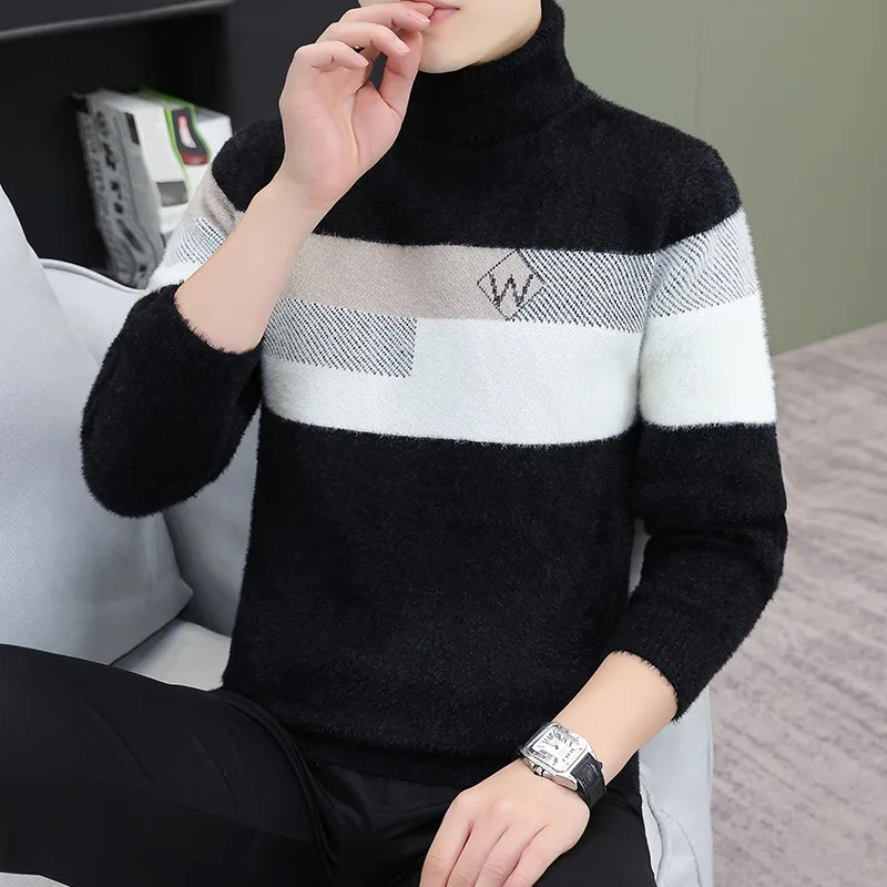 

Мужской свитер из искусственной норки с высоким воротником, облегающий базовый слой, теплая внутренняя одежда, трикотажная одежда в полоску Fce Faion Urban Sle