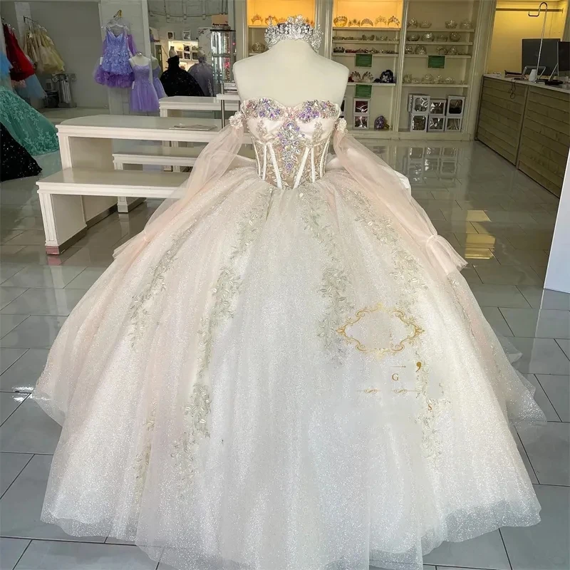 IRIDESCENT-Robes de Quinceanera en cristal scintillant, ixde princesse à manches longues, Tout ce qui est éducatif, Champagne Off Initiated, 15 Anos