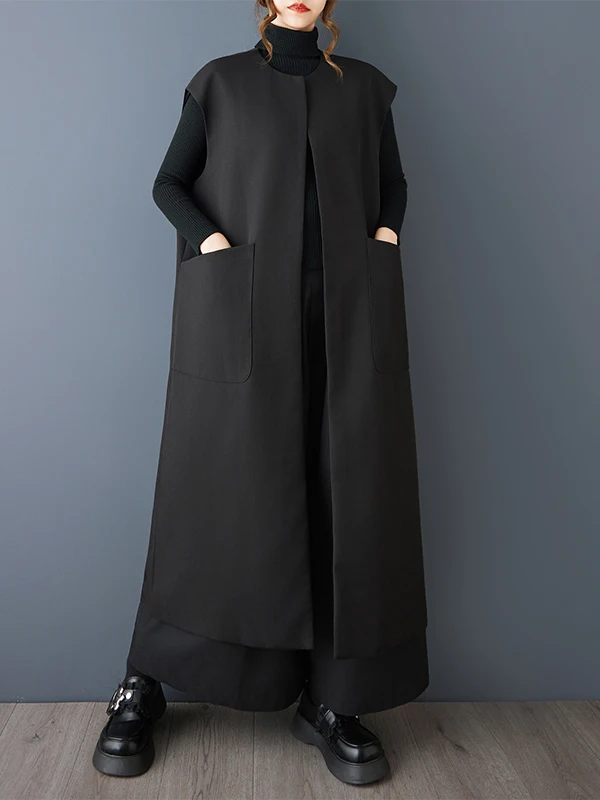 Slimming Double Layer Bla Long Vest Simple Sle Spring Autumn New Arrival k Sle Women's Faionable All-Match Open Ca...