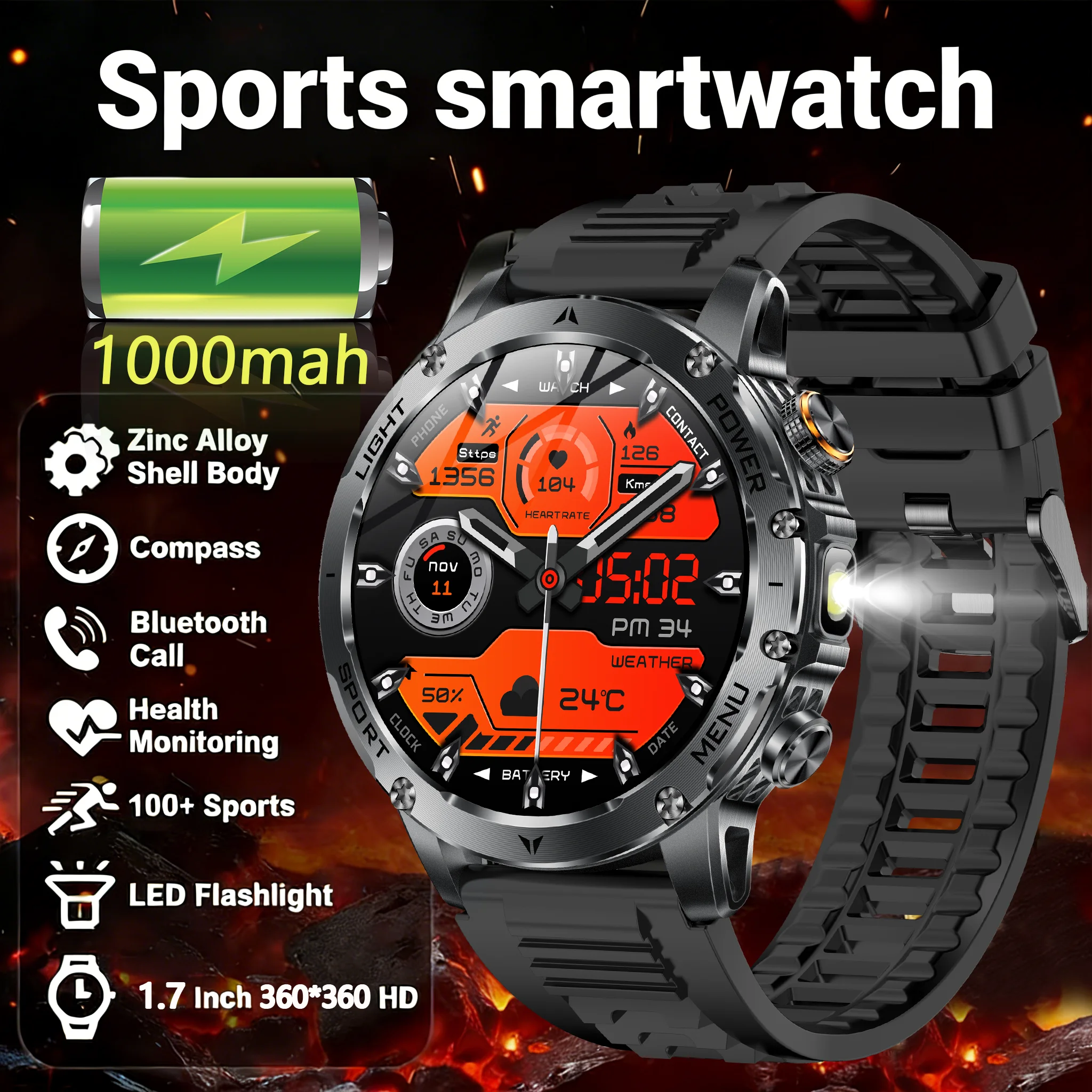 

2026 1000mAh Super Capacity Battery Adult Men Smart Watch Compass 1.7-inch Bluetooth Call IPX8 Waterproof Sports Smartwatch
