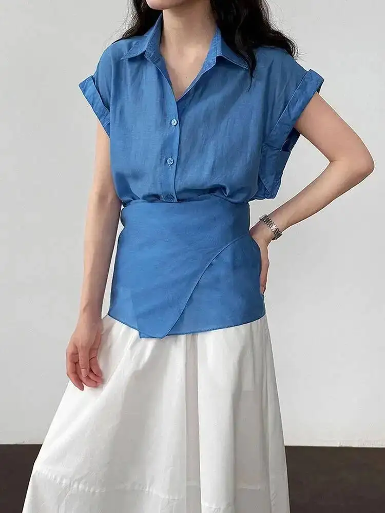 

Women Blue Thin Irregular Bandage Big Size Blouse New Lapel Short Sleeve Shirt Fashion Tide Spring Summer