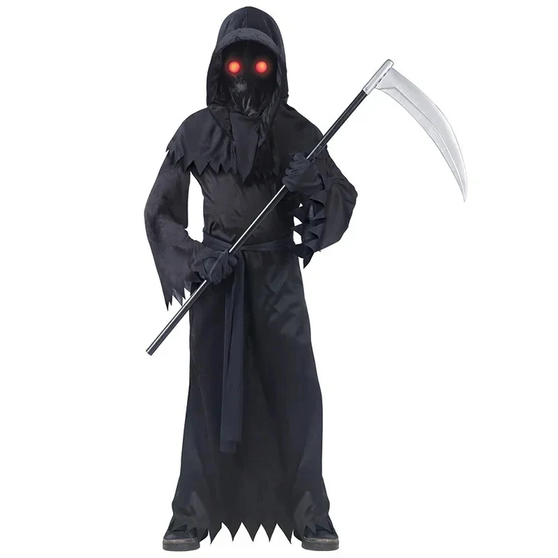 ABC123Sydanne Disfraz de Cosplay de Ceñado de la Muerte para Niños, Mono Rojo con Gafas Luminosas, Sickle Black Robe, Grim Reaper, Hals, 3'f.5;j.8