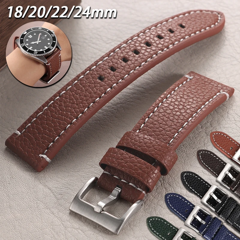 Classic Pebble Grain Cowhide Leather Watch Band 18mm 20mm 22mm 24mm Soft Comfortable Calfskin Wristband Business Universal Belt