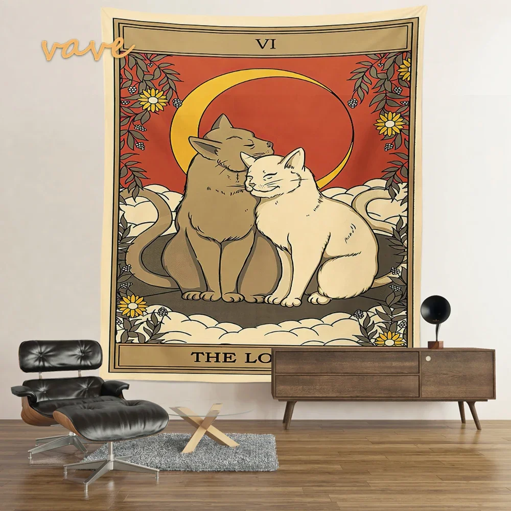 Cute Cat Moon Tarot Tapestry Wall Hanging, Boho, Kawaii Room Decor, Aesthetic, Hippie Fabric, Large Tapestry for Bedroom