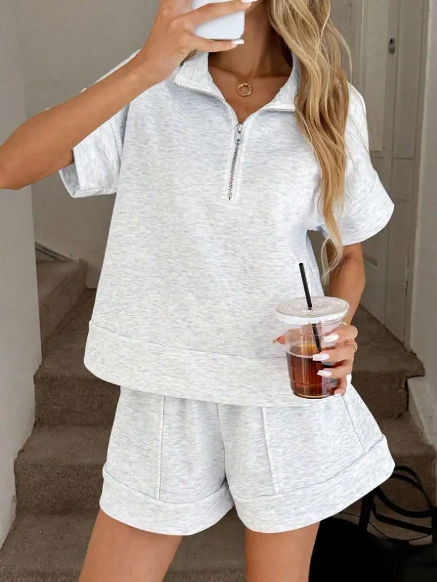

2pcs Women Casual Loose Zipper Top And Pocket Shorts Set Spring Summer