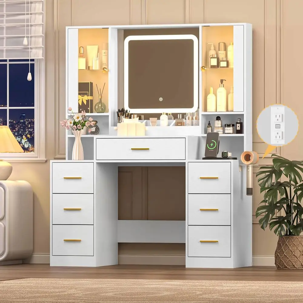 

White Makeup Vanity Desk with Mirror, Lights, Charging Station, 7 Drawers, Glass Cabinet, Adjustable Shelves for Bedroom Dressin