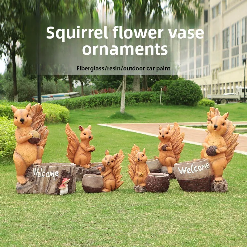 %*f Creative Fleshy Fiberglass Handmade Pastoral Flowerpot Outdoor Garden Courtyard Villa Squirrel Sculpture Simulation Ornament