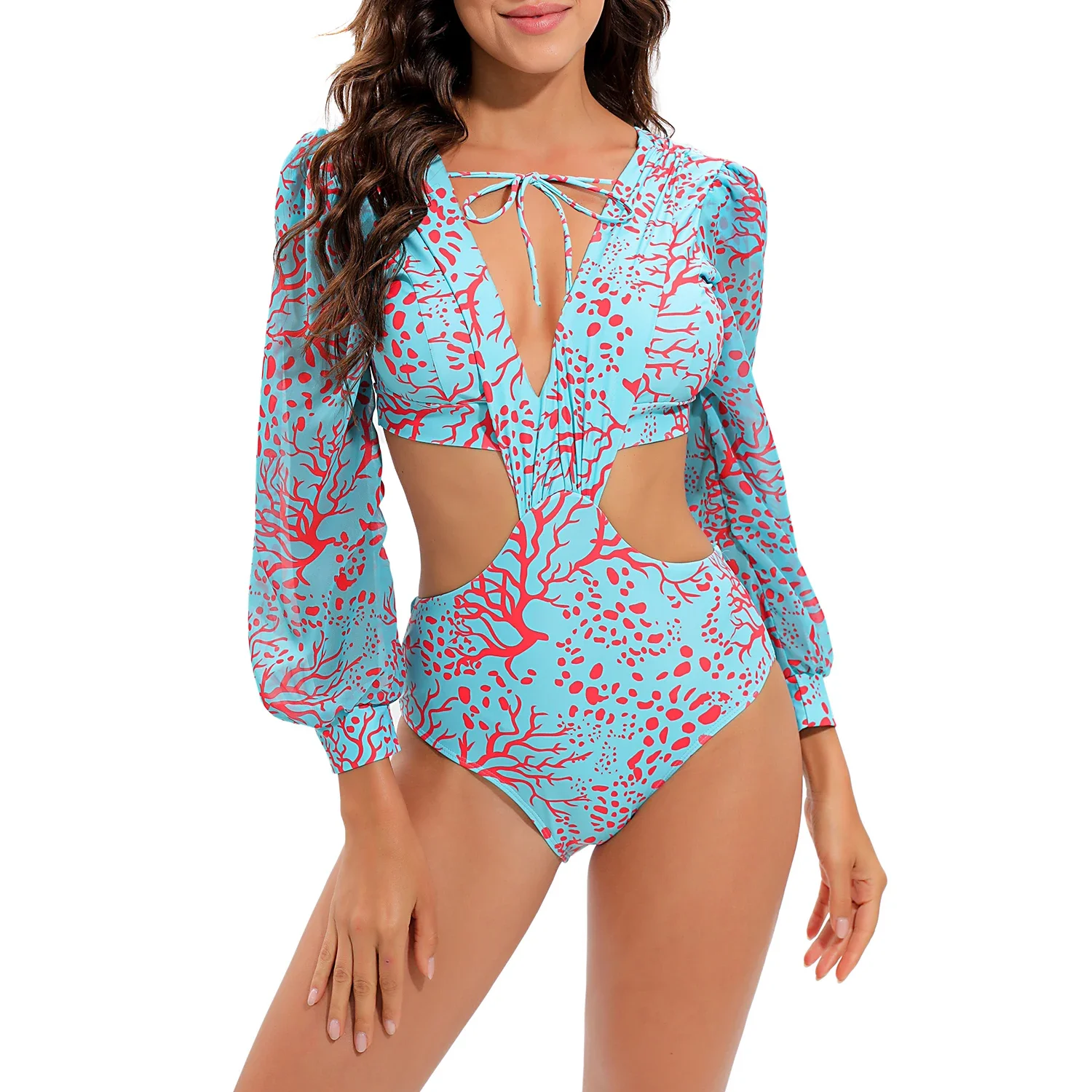 

Sexy High Waist One Piece Swimsuit Women V Neck 2024 Long Sleeve Bathing Suit Brazilian Swimwear Monokini Summer Beachwear