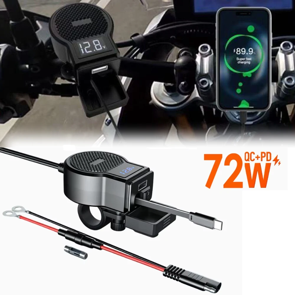 

12V Motorcycle USB Socket Fast Phone Charger with Switch Waterproof Digital Voltmeter PD QC4.0 Retractable Cable Power Adapter
