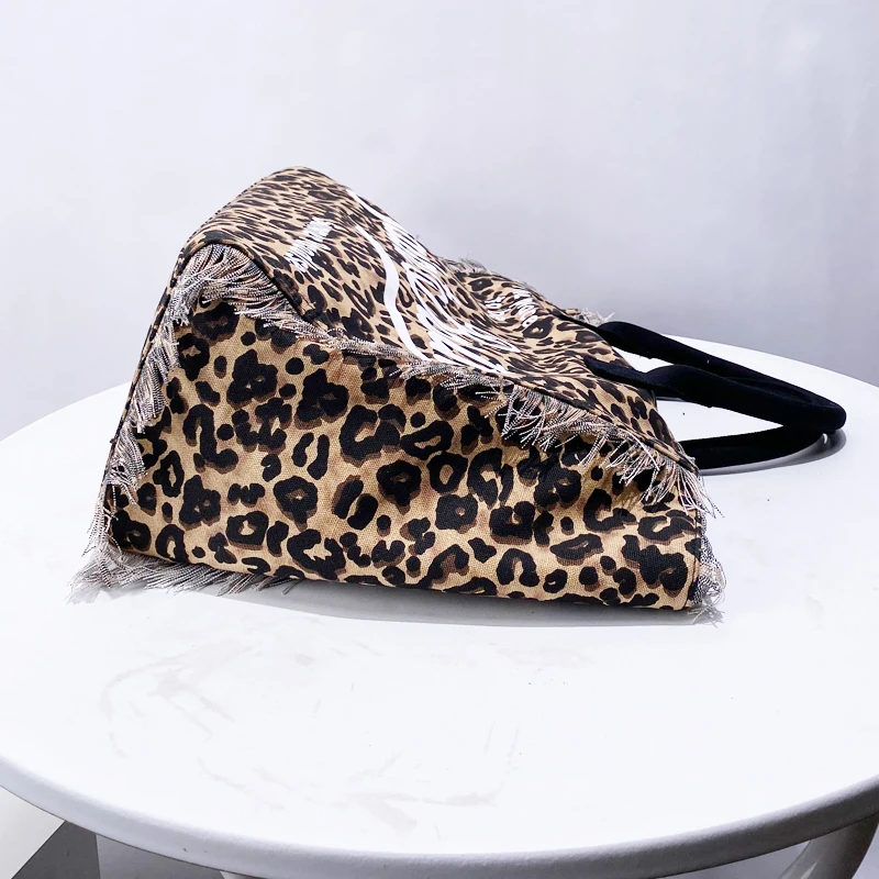 Leopard Print Canvas Bags For Women Luxury Designer Handbag Purse 2024 New In Casual Letter Tassel Large Capacity Tote Shoulder