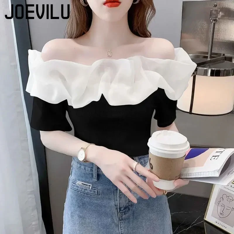 Off Shoulder Top Sexy Exposed Clavicle Ruffled Short Sleeve T-shirt Female Summer Chic Elegant Blouses Niche Fairy Kawaii Tops