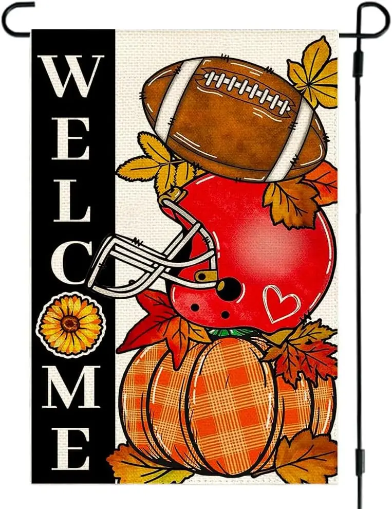 RABUSOFA Football Fall Garden Flag 12x18 Inch Double Sided Burlap for Outside, Autumn Leaves Welcome Pumpkin Thanksgiving Outdoo