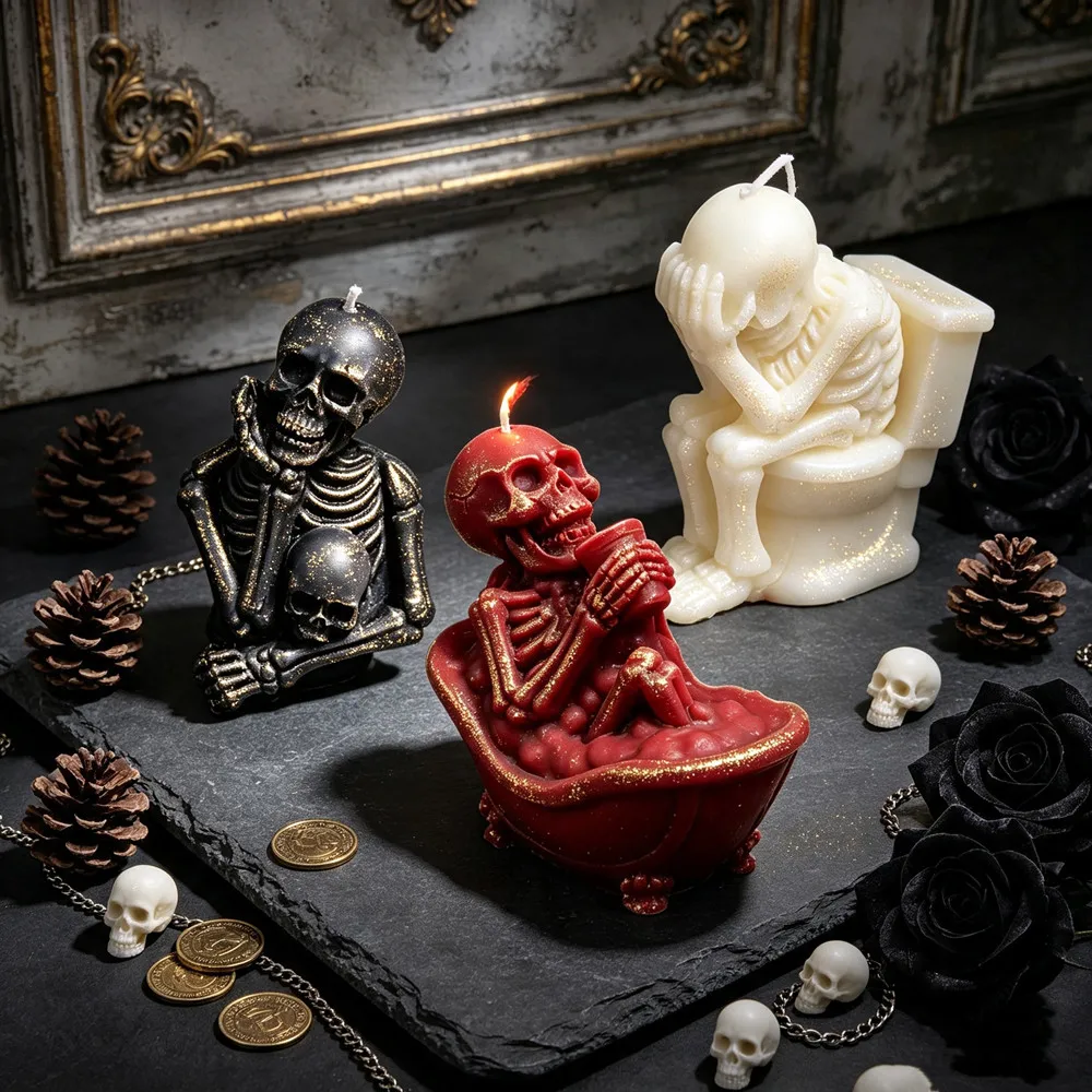 3D Realistic Skull Skeleton with Toilet & Bathtub Shape Mold DIY Skull Scent Candle,Soap Making,Epoxy Resin Ornament,Halloween