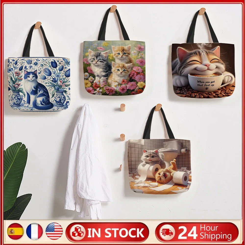 

4PCS Cat Linen Tote Bag Handbag Large Capacity Women Shopping Shoulder Bags Linen Tote Bag