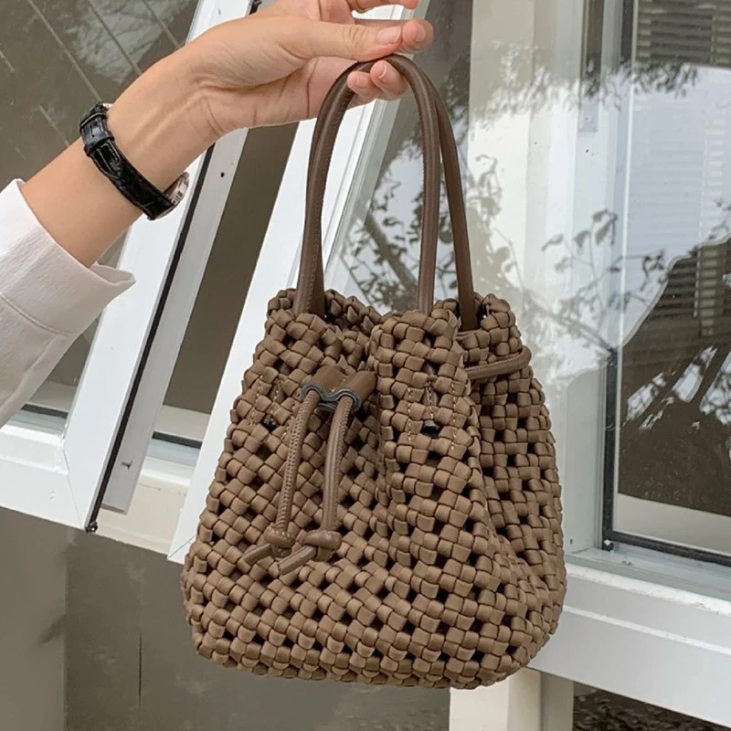 Fashion Women Woven Basket Tote New Drawstring Luxury Design Neoprene High Quality Handbags Simple Vintage Crossbody Bags Female