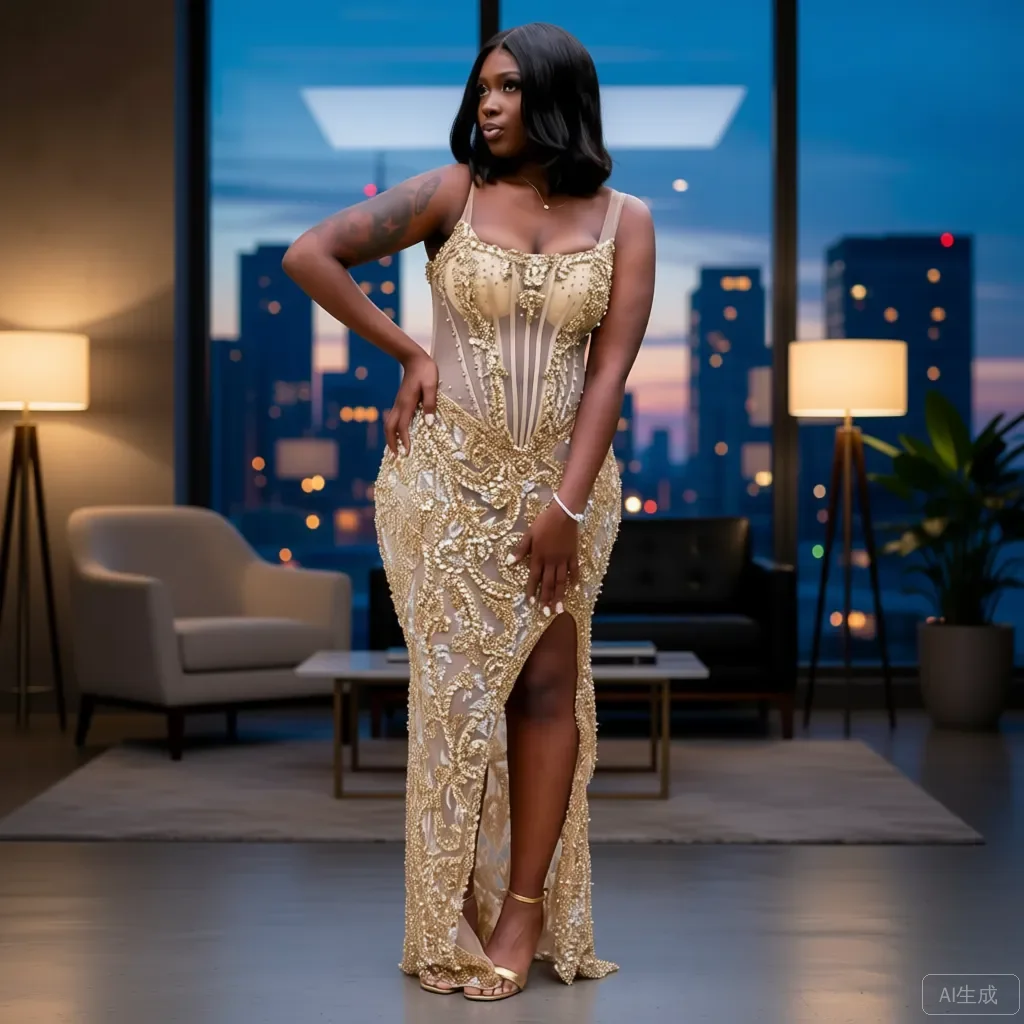 

Gold Embellished Evening Gown with High Slit Sheer Tulle Formal Dress Plunging Neckline Spaghetti Strap Ever Pretty Silk-stockin