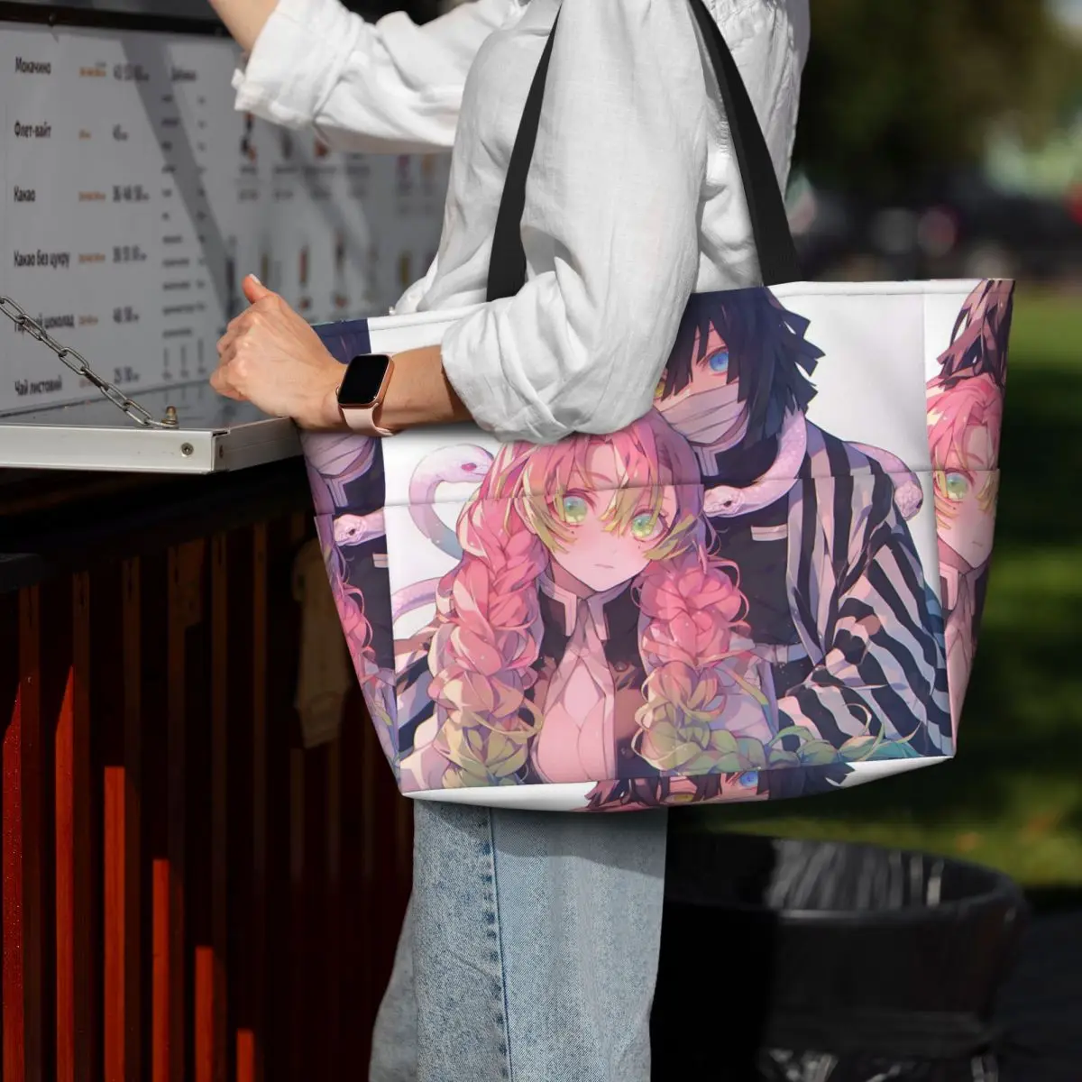 

Mitsuri Kanroji And Iguro Obanai Beach Tote Bag Sport Gym Yoga Duffle Large Tote Bag Women Travel Bag Fitness bag