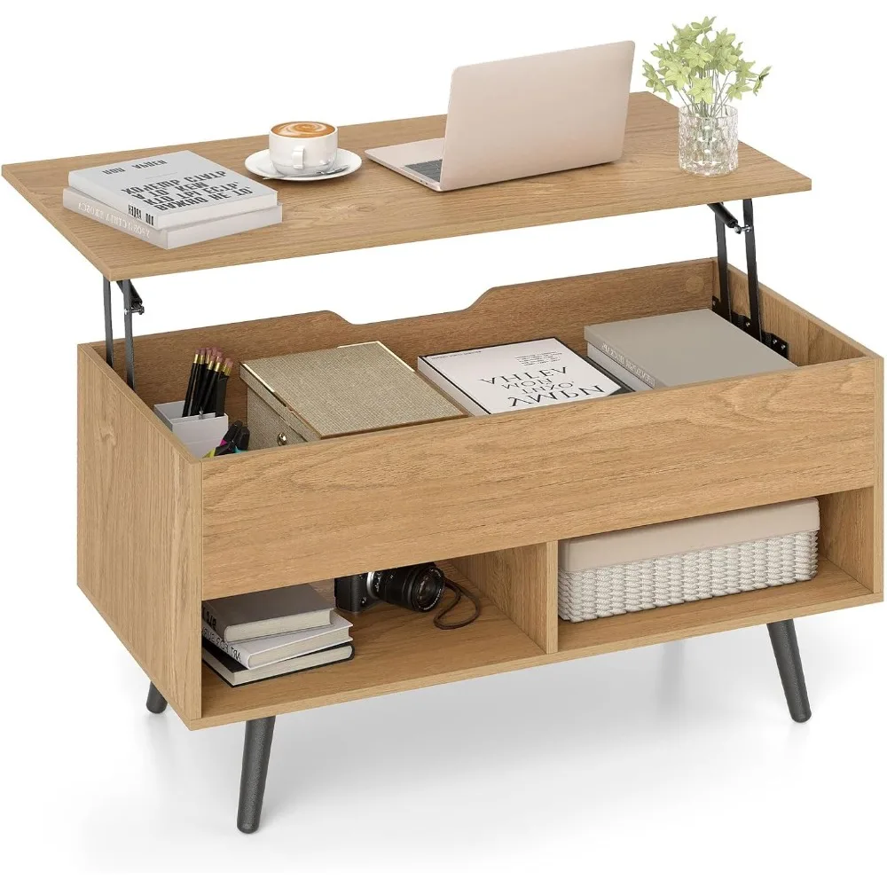 

Lift Top Coffee Table, Modern Cocktail Table w/Hidden Compartment & 2 Open Shelves, Flip Top Center Table, Wooden Pull up Coffe