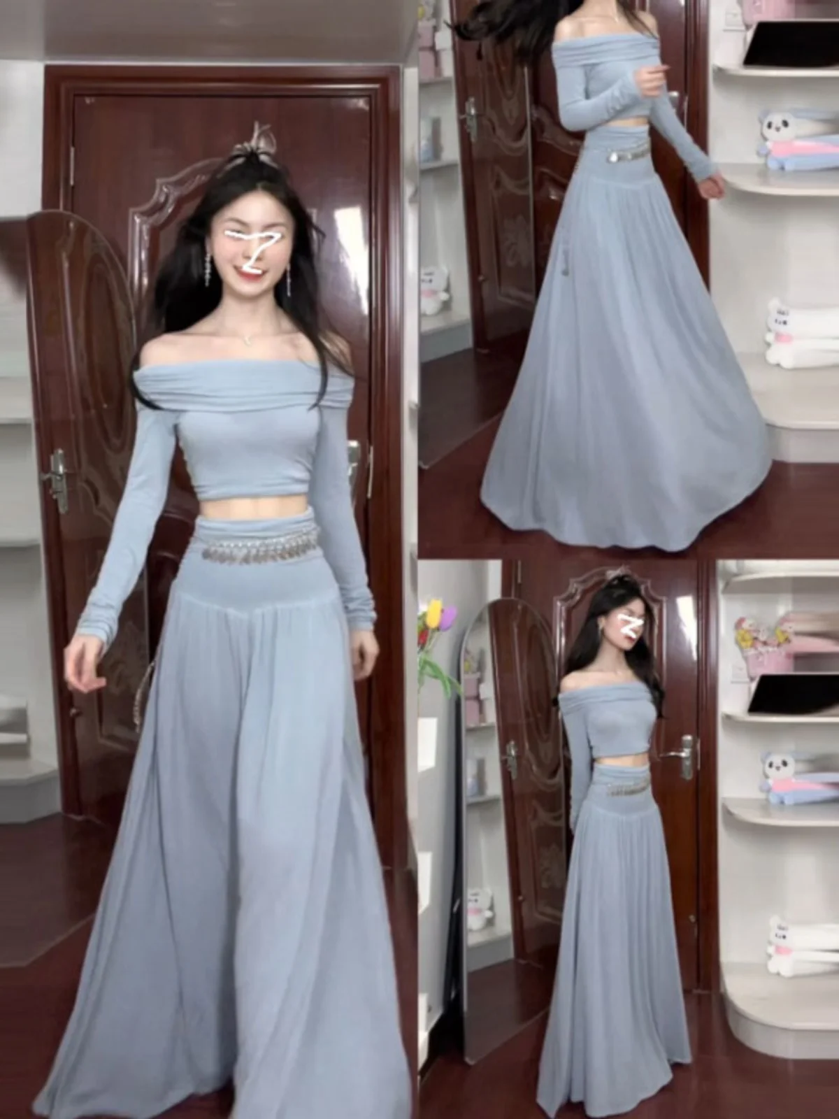 

Chic Korean Style Unique Beautiful Two-Piece Set Shoulder Baring Top And Halter Neck Half Skirt Comfortable Cotton Autumn Wear