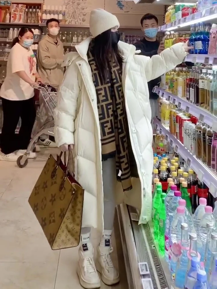 

Faionable Hooded Zipper White Du down Puffer Coat Women's Long Over-Knee Bread Sle Jaet Commute Sle Korean Version