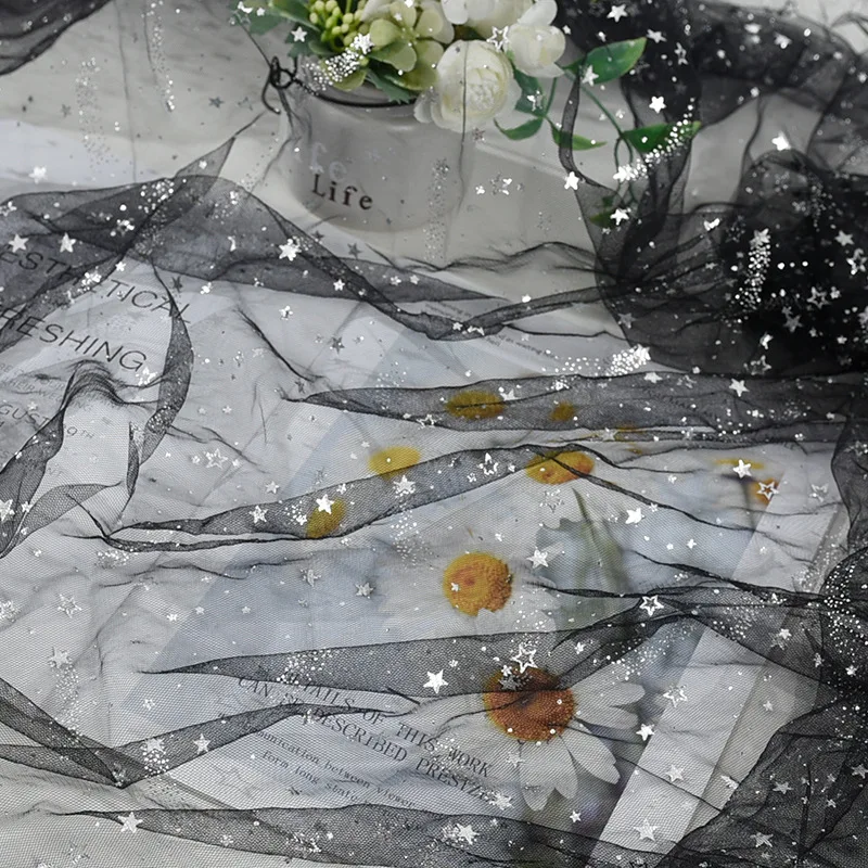 Shining Silver Stars Gauze Decorative Background Cloth Nail Perfume Cosmetics Photography Props DIY Fabric