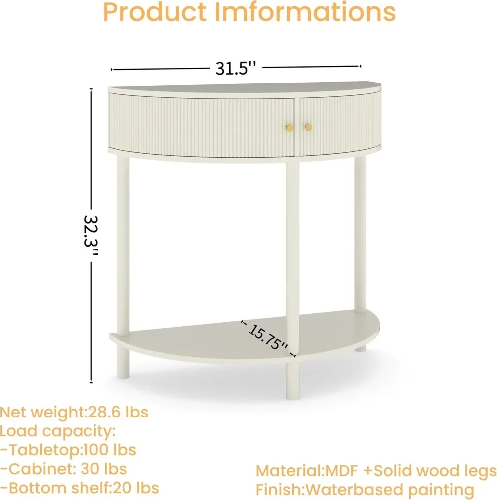Rattan Half Moon Console Table with Storage, Solid Wood Legs for Entryway Living Room Bedroom