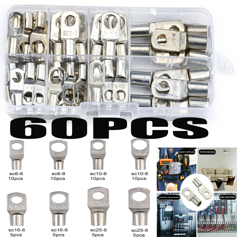 

60PCS Cable Shoes Cable Lugs SC6-SC25 Tinned Copper Lug Ring Wire Connectors Bare Terminals Lugs Wire Copper Ring Terminal Kit