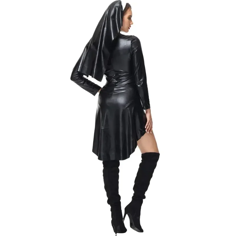 Best Made PU Sexy Nuns Costumes Women's Heavenly Hottie Vinyl Dress with Headpiece Halloween deguisement sexy femme