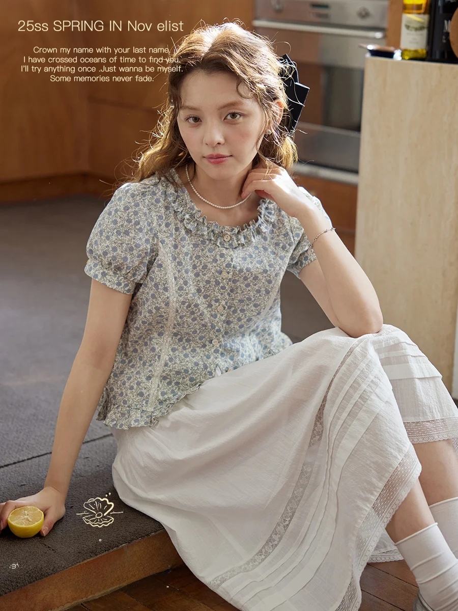 

Новинка: Женский повседневный топ из хлопка с цветочным принтом, рукавами-фонариками, воротником с оборками и эффектом крэш, винтажный стиль