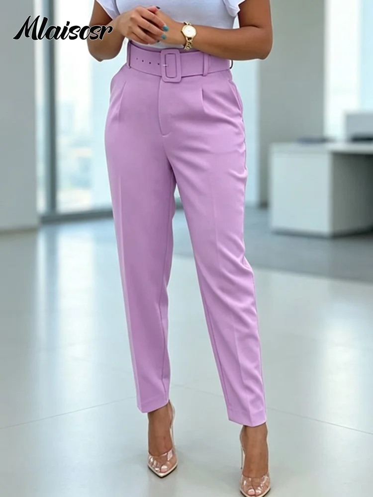 Mlaiscsr Ladies High Waist Straight Leg Pants Lavender Front Pleated Slim Fit Business Offcie Work Party Casual Street Trousers