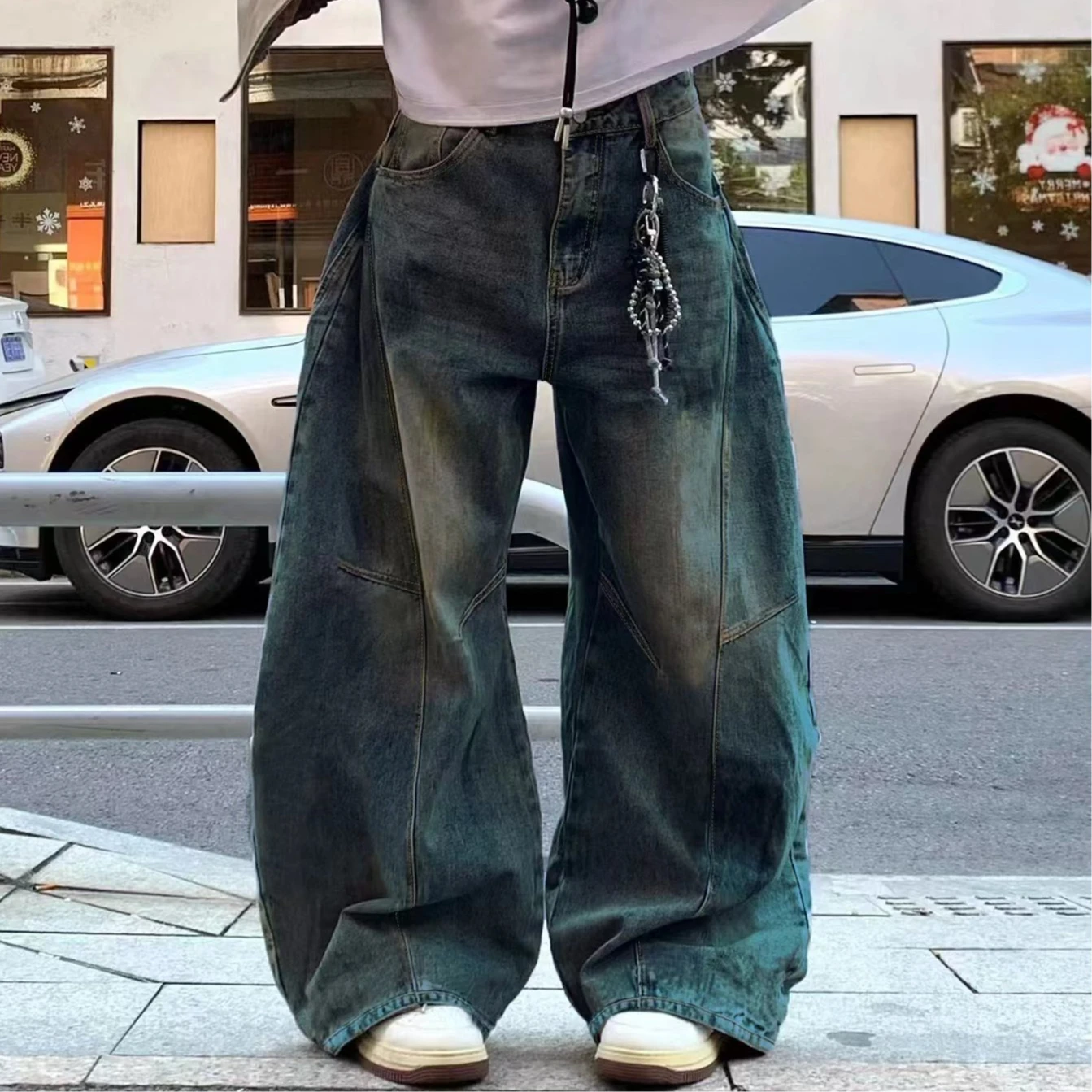 

Мужские ретро американские джинсы High Street Faded Широкие брюки с ножевым краем для мальчиков Сверхмощные свободные модные джинсовые брюки длиной до пола