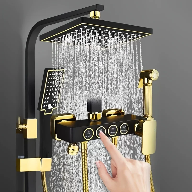 Bathroom Accessories Black And Golden Square Bar With Quad Control Buttons Bathroom Rain Shower With Handheld Shower Head,