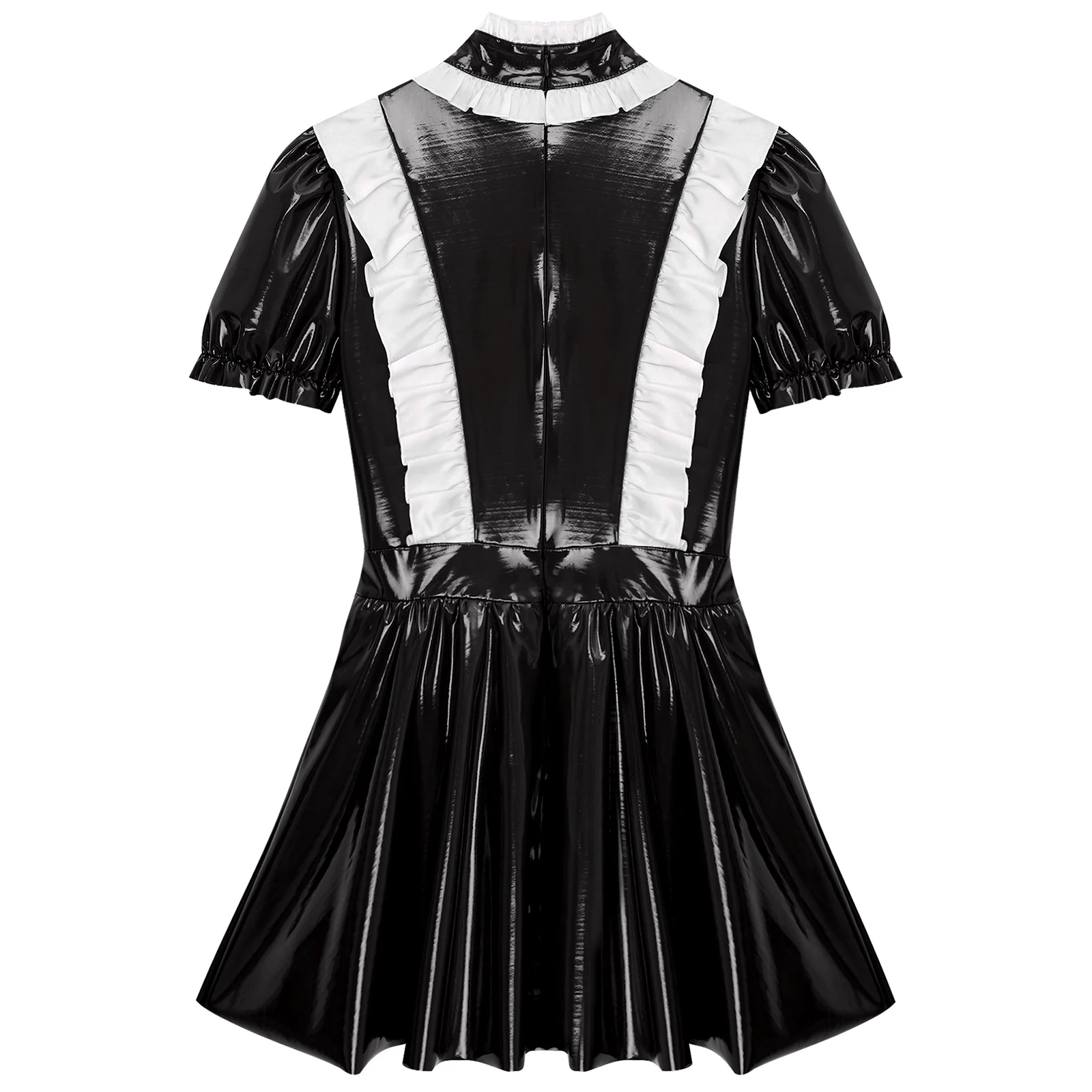 Mens Sexy Sissy Maid Uniform Outfit Wetlook Latex Ruffles Short Sleeve A Line Dress Crossdressing Costume Theme Club Dancewear